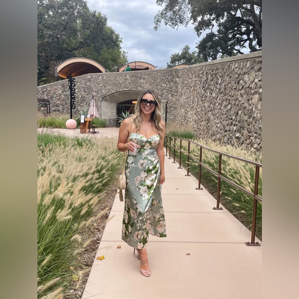 Reformation Marguerite Silk Dress‎ Tarragon Floral Green Sundress Midi Size 12